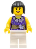 Minifigurka: CTY0354:  Female Dark Purple Blouse with Gold Sash and Flowers, White Legs, Black Bob Cut Hair