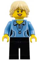 Minifigurka: CTY0355:  Medium Blue Female Shirt with Two Buttons and Shell Pendant, Black Legs, Tan Tousled and Layered Hair