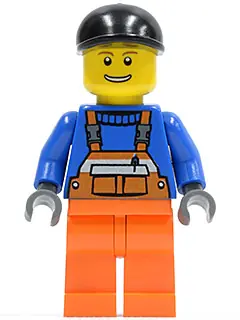 CTY0365:  Overalls with Safety Stripe Orange, Orange Legs, Black Short Bill Cap, Brown Eyebrows, Open Mouth Smile