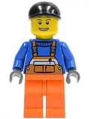 Minifigurka: CTY0365:  Overalls with Safety Stripe Orange, Orange Legs, Black Short Bill Cap, Brown Eyebrows, Open Mouth Smile