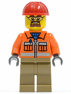 CTY0366:  Construction Worker - Orange Zipper, Safety Stripes, Orange Arms, Dark Tan Legs, Red Construction Helmet, Safety Goggles