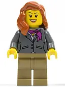 Minifigurka: CTY0370:  Dark Bluish Gray Jacket with Magenta Scarf, Dark Tan Legs, Dark Orange Female Hair over Shoulder