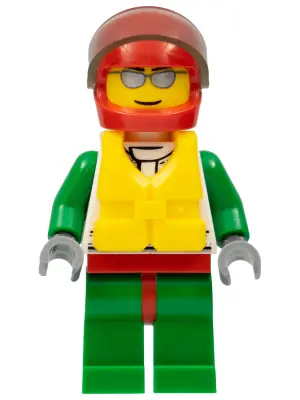 CTY0373:  Octan - Jacket with Red and Green Stripe, Red Hips and Green Legs, Red Helmet, Trans-Brown Visor, Silver Sunglasses, Life Jacket Center Buckle