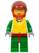 Minifigurka: CTY0373:  Octan - Jacket with Red and Green Stripe, Red Hips and Green Legs, Red Helmet, Trans-Brown Visor, Silver Sunglasses, Life Jacket Center Buckle