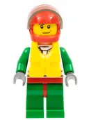 Minifigurka: CTY0374:  Octan - Jacket with Red and Green Stripe, Red Hips and Green Legs, Red Helmet, Trans-Brown Visor, Smirk and Stubble Beard, Life Jacket Center Buckle