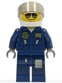 Minifigurka: CTY0383:  Forest Police - Helicopter Pilot, Dark Blue Flight Suit with Badge, Helmet, Black and Silver Sunglasses, NO Eyebrows