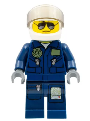 CTY0383A:  Forest Police - Helicopter Pilot, Dark Blue Flight Suit with Badge, Helmet, Black and Silver Sunglasses, Black Eyebrows