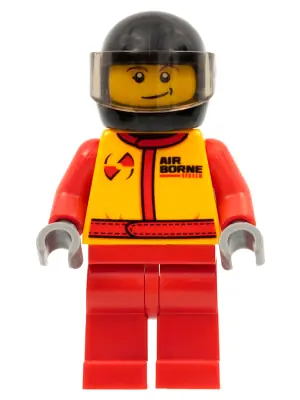 CTY0385:  Monster Truck Driver, Racing Suit with Airborne Spoilers Logo, Black Helmet with Trans-Brown Visor, Crooked Smile