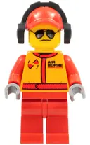 Minifigurka: CTY0386:  Monster Truck Mechanic, Racing Suit with Airborne Spoilers Logo, Red Cap with Hole, Headphones, Black and Silver Sunglasses
