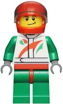 Minifigurka: CTY0389:  Race Car Driver, White Racing Suit with Octan Logo, Red Helmet with Trans-Brown Visor, Crooked Smile with Black Dimple