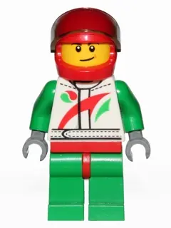 CTY0389A:  Race Car Driver, White Racing Suit with Octan Logo, Red Helmet with Trans-Brown Visor, Crooked Smile with Brown Dimple