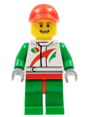 CTY0390:  Race Car Mechanic, White Racing Suit with Octan Logo, Red Cap with Hole, Brown Eyebrows, Thin Grin with Teeth