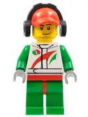 Minifigurka: CTY0391:  Race Car Mechanic, White Racing Suit with Octan Logo, Red Cap with Hole, Headphones, Smirk and Stubble Beard