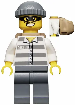 CTY0392:  Police - Jail Prisoner 50380 Prison Stripes, Dark Bluish Gray Legs, Dark Bluish Gray Knit Cap, Backpack, Mask