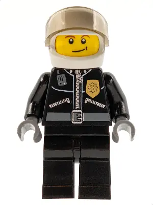 CTY0393:  Police - City Leather Jacket with Gold Badge and 'POLICE' on Back, White Helmet, Trans-Brown Visor, Crooked Smile