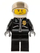 Minifigurka: CTY0393:  Police - City Leather Jacket with Gold Badge and 'POLICE' on Back, White Helmet, Trans-Brown Visor, Crooked Smile