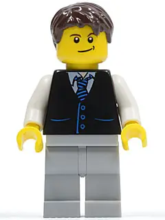 CTY0395:  Black Vest with Blue Striped Tie, Light Bluish Gray Legs, White Arms, Dark Brown Short Tousled Hair, Crooked Smile