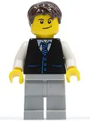 Minifigurka: CTY0395:  Black Vest with Blue Striped Tie, Light Bluish Gray Legs, White Arms, Dark Brown Short Tousled Hair, Crooked Smile