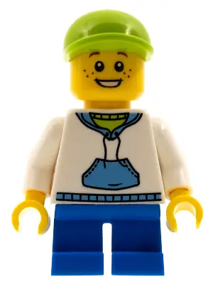 CTY0396:  Child - Boy, White Hoodie with Medium Blue Pocket, Blue Short Legs, Lime Cap, Freckles