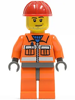 CTY0397:  Construction Worker - Orange Zipper, Safety Stripes, Orange Arms, Orange Legs, Dark Bluish Gray Hips, Red Construction Helmet, Smirk and Stubble Beard
