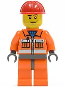 Minifigurka: CTY0397:  Construction Worker - Orange Zipper, Safety Stripes, Orange Arms, Orange Legs, Dark Bluish Gray Hips, Red Construction Helmet, Smirk and Stubble Beard