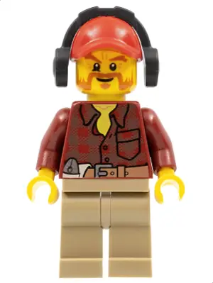 CTY0404:  Flannel Shirt with Pocket and Belt, Dark Tan Legs, Red Cap with Hole, Headphones, Beard