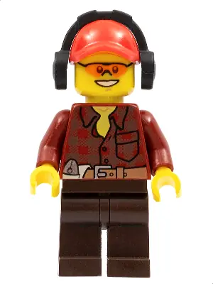 CTY0405:  Flannel Shirt with Pocket and Belt, Dark Brown Legs, Red Cap with Hole, Headphones, Orange Safety Glasses