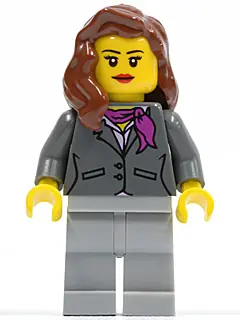 CTY0419:  Dark Bluish Gray Jacket with Magenta Scarf, Light Bluish Gray Legs, Reddish Brown Female Hair over Shoulder, Red Lips