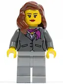 Minifigurka: CTY0419:  Dark Bluish Gray Jacket with Magenta Scarf, Light Bluish Gray Legs, Reddish Brown Female Hair over Shoulder, Red Lips