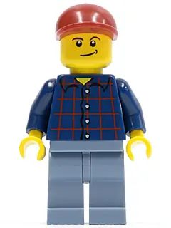 CTY0431:  Plaid Button Shirt, Sand Blue Legs, Dark Red Short Bill Cap, Lopsided Smile with Dimple