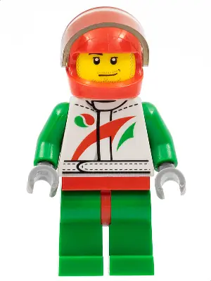 CTY0435:  Race Car Driver, White Racing Suit with Octan Logo, Red Helmet with Trans-Brown Visor, Smirk and Stubble Beard