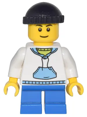 CTY0438:  Child - Boy, White Hoodie with Medium Blue Pocket, Blue Short Legs, Black Knit Cap