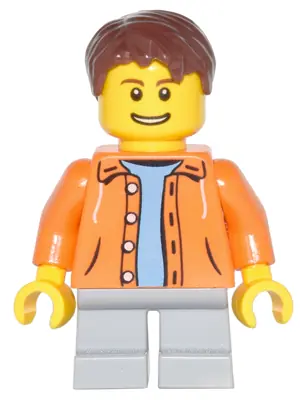 CTY0440:  Orange Jacket with Hood over Light Blue Sweater, Light Bluish Gray Short Legs, Reddish Brown Short Tousled Hair