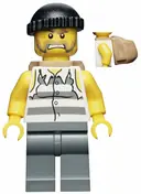 Minifigurka: CTY0448:  Police - Jail Prisoner Shirt with Prison Stripes and Torn out Sleeves, Dark Bluish Gray Legs, Black Knit Cap, Backpack