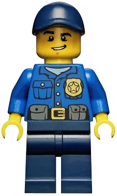 CTY0454:  Police - City Officer, Gold Badge, Dark Blue Cap with Hole, Lopsided Grin