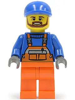 CTY0459:  Overalls with Safety Stripe Orange, Orange Legs, Blue Short Bill Cap, Brown Beard (Tow Truck Driver)