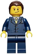 Minifigurka: CTY0460:  Businessman Pinstripe Jacket and Gold Tie, Dark Blue Legs, Dark Brown Hair, Crooked Smile