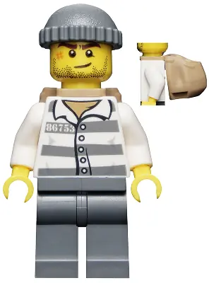 CTY0463:  Police - Jail Prisoner 86753 Prison Stripes, Dark Bluish Gray Knit Cap, Backpack, Crooked Smile and Scar
