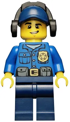 CTY0464:  Police - City Officer, Gold Badge, Dark Blue Cap with Hole, Headphones, Lopsided Grin