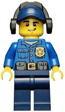 Minifigurka: CTY0464:  Police - City Officer, Gold Badge, Dark Blue Cap with Hole, Headphones, Lopsided Grin