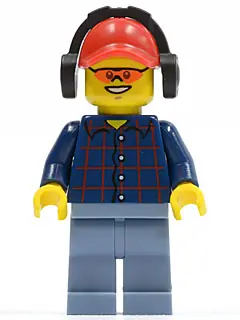 CTY0466:  Plaid Button Shirt, Sand Blue Legs, Red Cap with Hole, Black Headphones