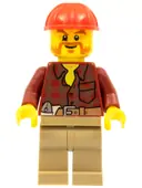 Minifigurka: CTY0467:  Flannel Shirt with Pocket and Belt, Dark Tan Legs, Red Construction Helmet, Beard