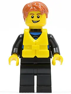 CTY0469:  Wetsuit with Blue Sign, Black Legs, Dark Orange Short Tousled Hair, Life Jacket Center Buckle, Open Grin