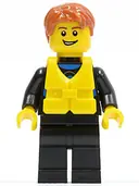 Minifigurka: CTY0469:  Wetsuit with Blue Sign, Black Legs, Dark Orange Short Tousled Hair, Life Jacket Center Buckle, Open Grin