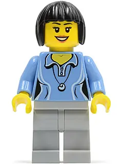 CTY0472:  Medium Blue Female Shirt with Two Buttons and Shell Pendant, Light Bluish Gray Legs, Black Bob Cut Hair