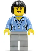 Minifigurka: CTY0472:  Medium Blue Female Shirt with Two Buttons and Shell Pendant, Light Bluish Gray Legs, Black Bob Cut Hair