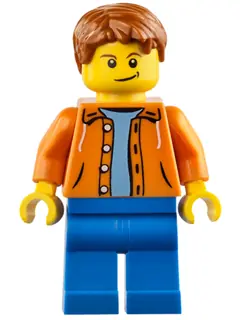 CTY0473:  Orange Jacket with Hood over Light Blue Sweater, Blue Legs, Dark Orange Short Tousled Hair, Crooked Smile with Black Dimple