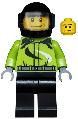 CTY0475:  Monster Truck Driver, Racing Suit with Black and White Swirls, Black Helmet with Trans-Brown Visor, Crooked Smile