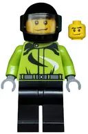Minifigurka: CTY0475:  Monster Truck Driver, Racing Suit with Black and White Swirls, Black Helmet with Trans-Brown Visor, Crooked Smile