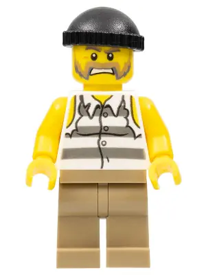 CTY0479:  Police - Jail Prisoner Shirt with Prison Stripes and Torn out Sleeves, Dark Tan Legs, Black Knit Cap